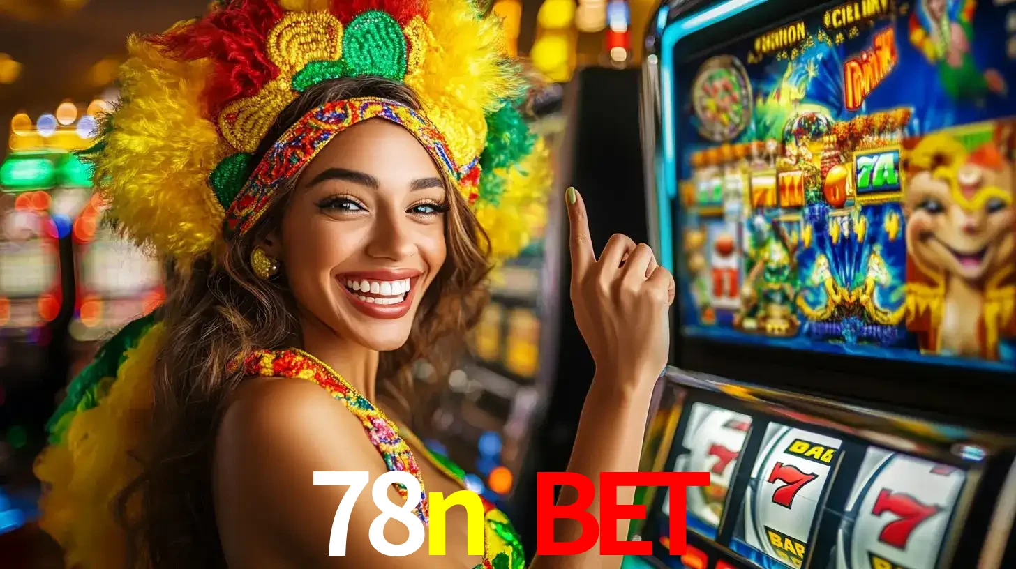 Mulher animada com um cocar de carnaval apontando para uma máquina de caça-níqueis, mostrando a emoção de ganhar um grande prêmio nos jogos do 78n bet.