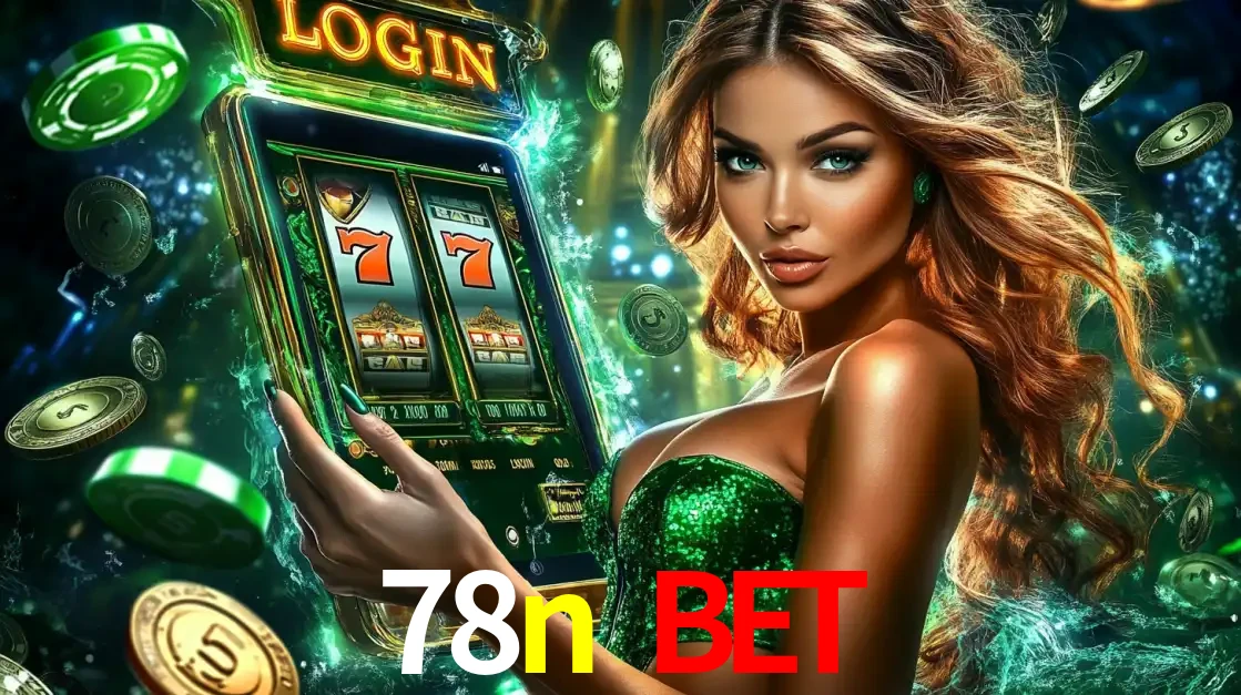 Mulher com tema verde apresentando o aplicativo do cassino 78n bet com um jogo de slot de 777, cercada por fichas de cassino e uma aura de sorte.