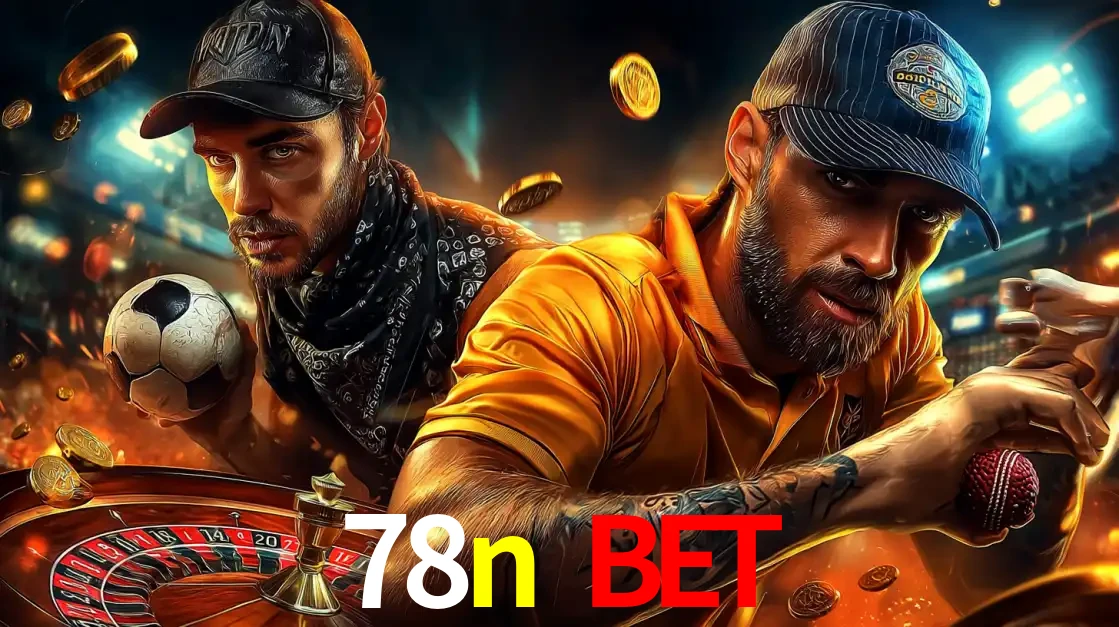 Montagem de apostas esportivas e cassino no 78n bet, com um homem segurando uma bola de futebol e outro uma de beisebol sobre uma roleta e moedas voadoras.