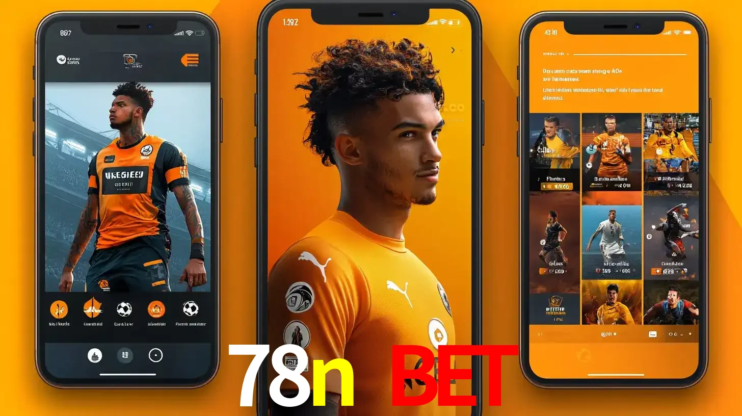 Interface do aplicativo de apostas esportivas 78n bet em três telas de celular, mostrando o perfil de um jogador de futebol e a lista de jogos disponíveis para apostar.