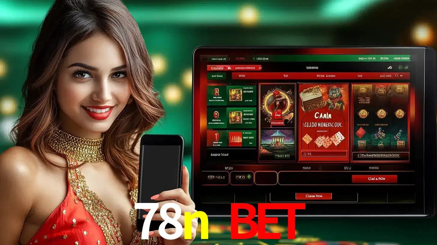 Mulher sorridente segurando um smartphone, ao lado de uma tela exibindo o lobby de jogos do cassino online 78n bet, com várias opções de jogos de cartas e slots.